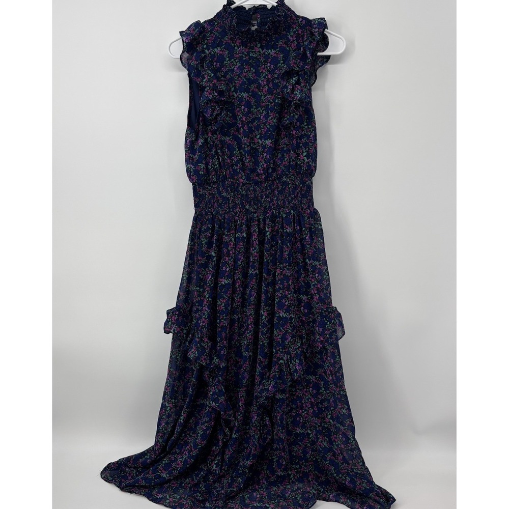 Lulu's Navy Floral Midi Dress with Pink & Purple Detail